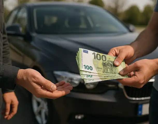 Ein Kunde erhält Bargeld für sein Fahrzeug beim Autoankauf in Eschborn.